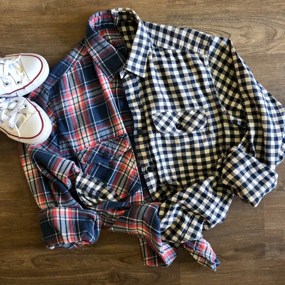 Duo-Plaid Cotton Long Sleeve Button Down Shirt